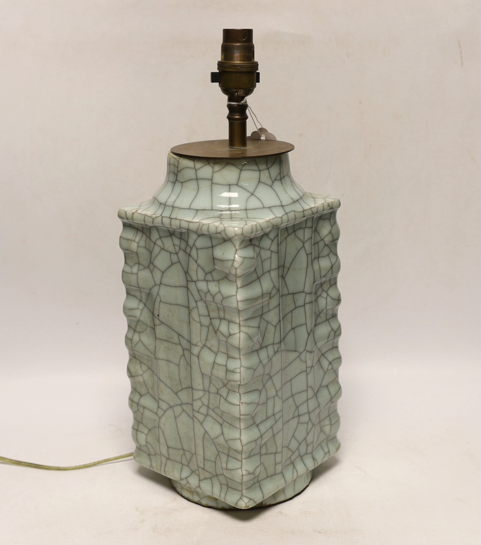 A Chinese crackle glaze Cong vase converted to a table lamp, early 20th century, 29cm high